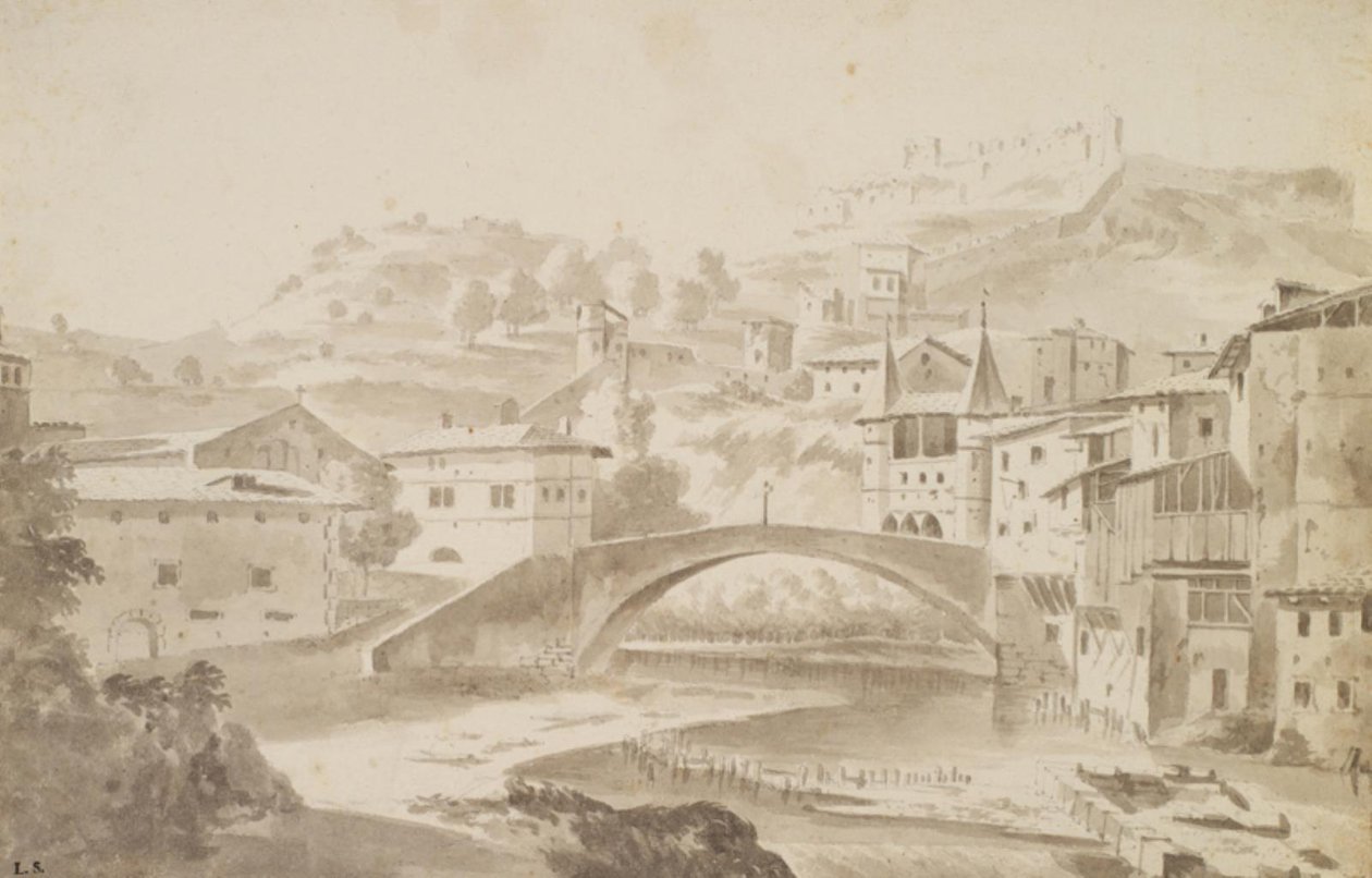 Wien, nära Lyon. Pont Saint-Martin över floden Gére. TV. Priory of Saint-Martin, t.h. Porte de la Rochette och slott Pipet av Frederik de Moucheron