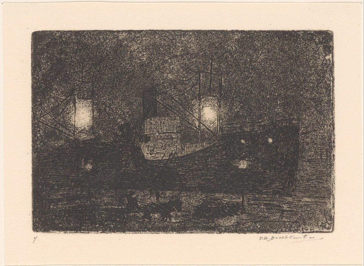Båt på kajen på natten av Frederika Henriëtte Broeksmit (signed by artist)