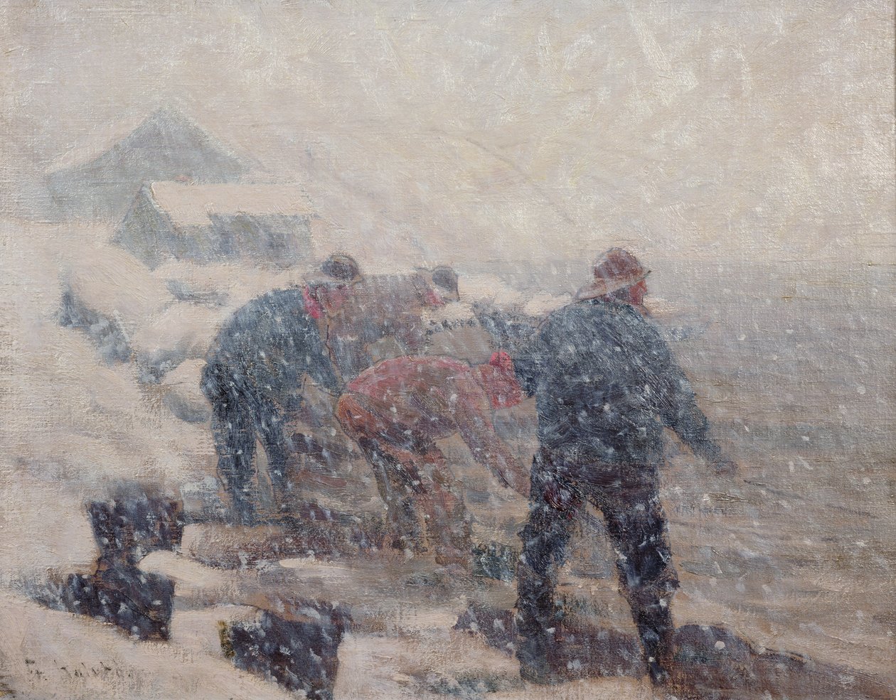 Fiskare drar noten i en snöstorm (olja på duk) av Fredrik Kolstoe