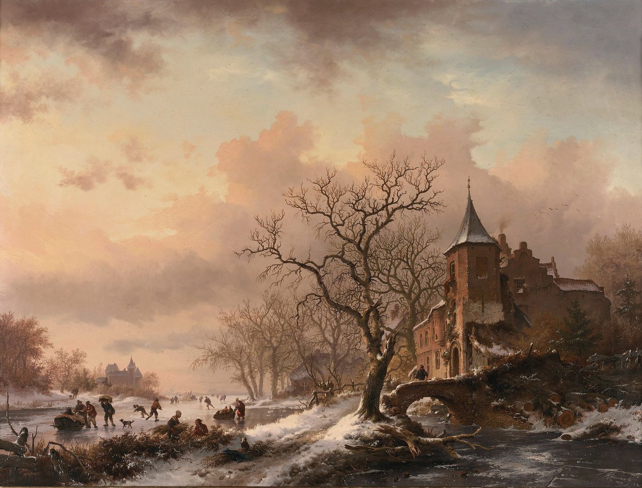 Slott i ett vinterlandskap och skridskoåkare på en frusen flod av Fredrik Marinus Kruseman