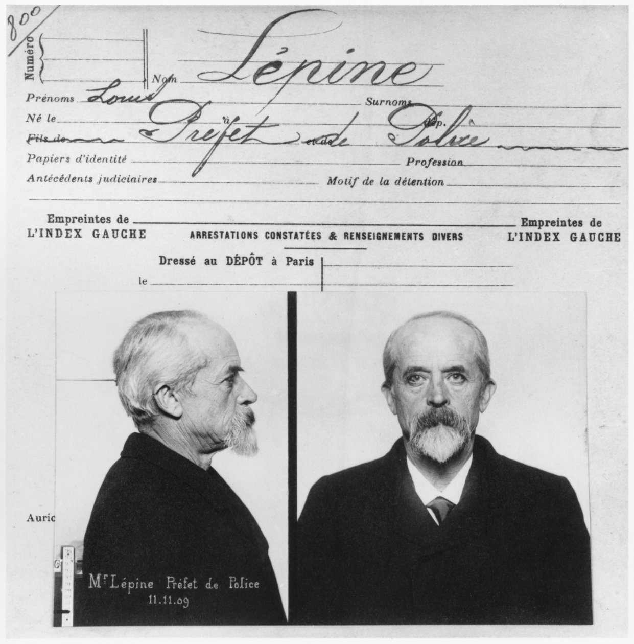 Antropometriskt polisregister av Louis Jean-Baptiste Lepine, Prefet de police, 11 november 1909 av French Photographer
