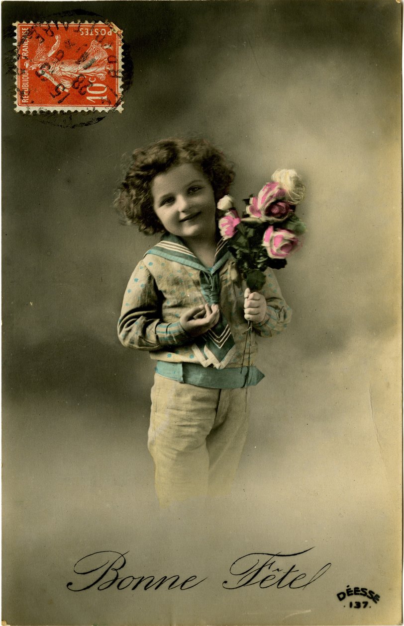 Bonne Fete-kort, 1907 (färgtonat foto) av French Photographer