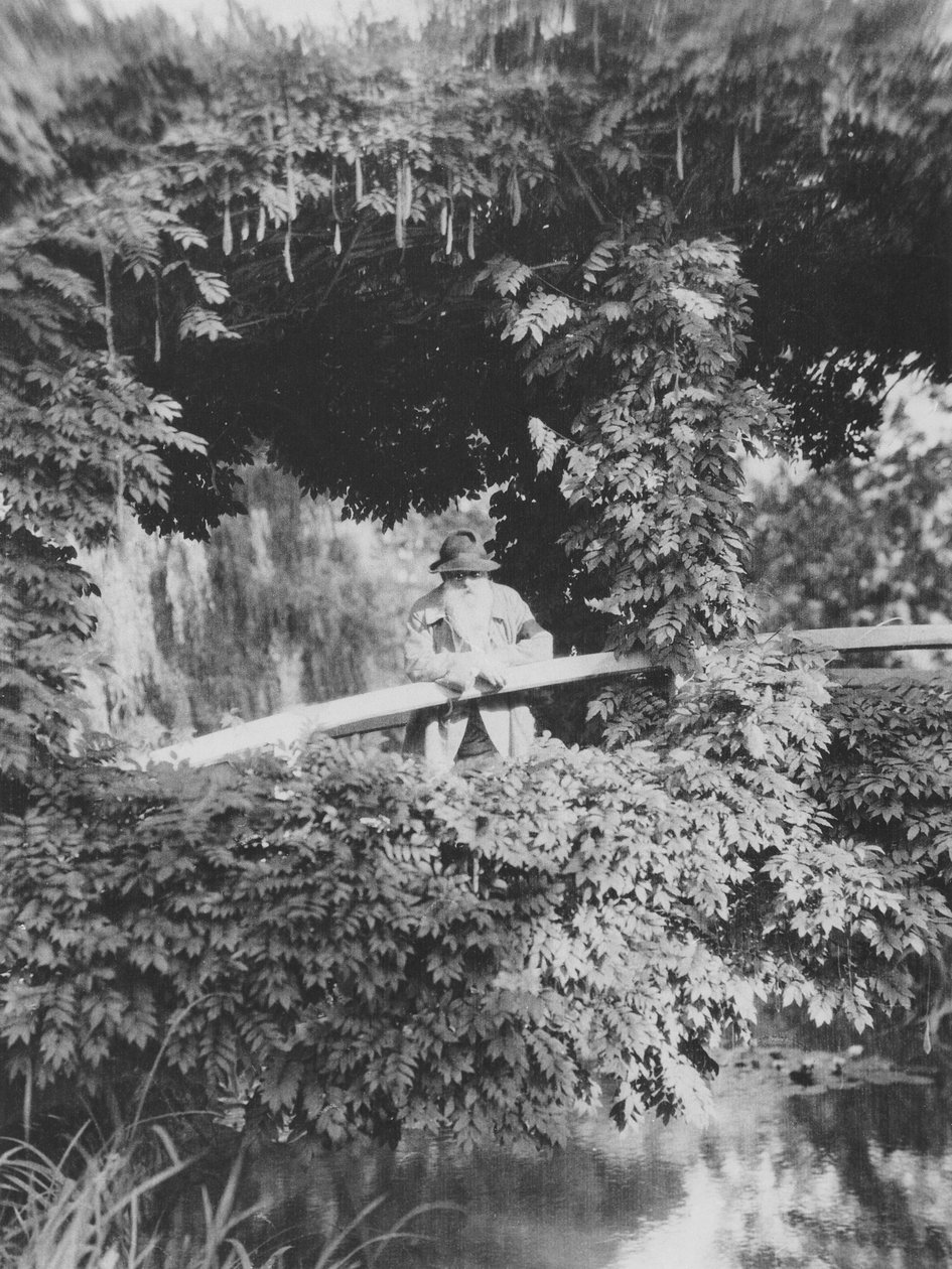 Claude Monet (1841-1926) på den japanska bron i sin trädgård i Giverny av French Photographer