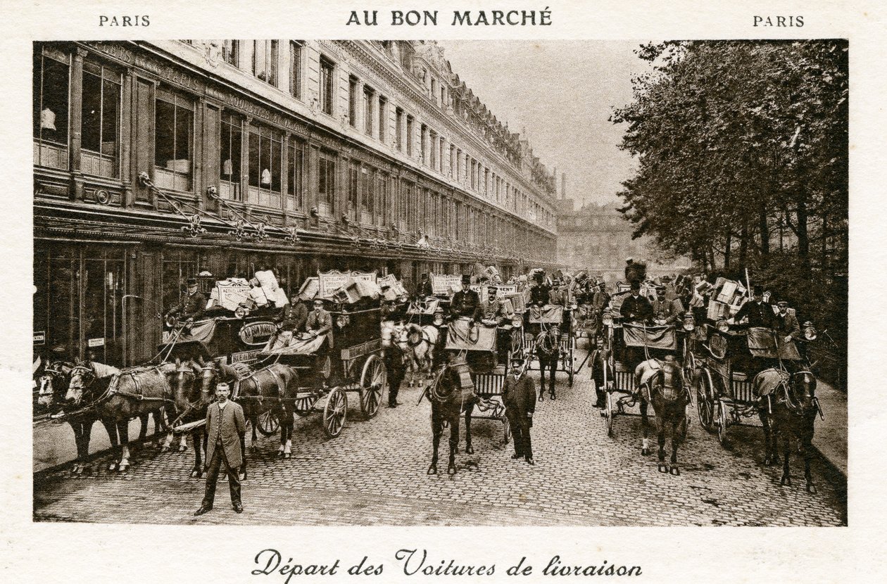Avgång av leveransbilar från Bon Marché-varuhusen, Paris, ca 1890 av French Photographer