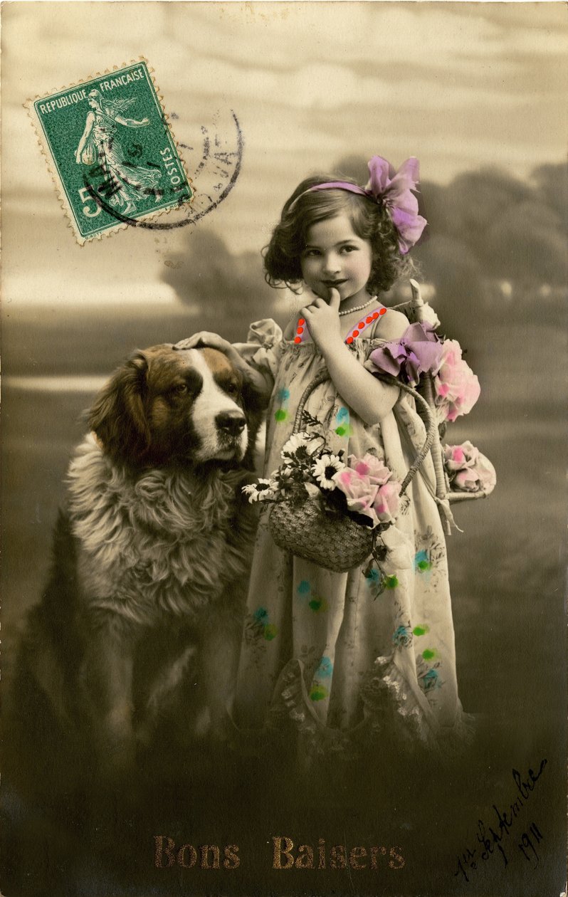 Kisses-vykort, 1911 (färgtonat foto) av French Photographer