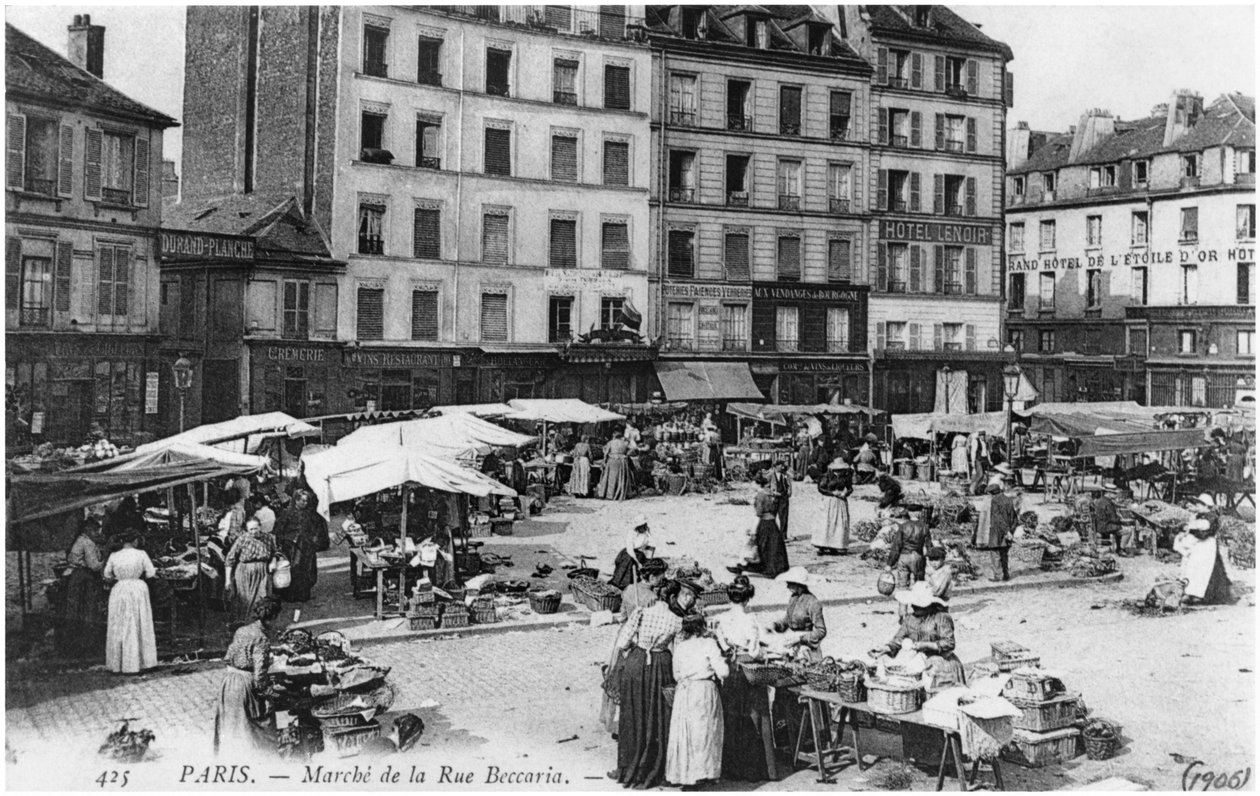 Vykort föreställande Place dAligre och Marche Lenoir, Rue Beccaria, Paris, 1906 av French Photographer
