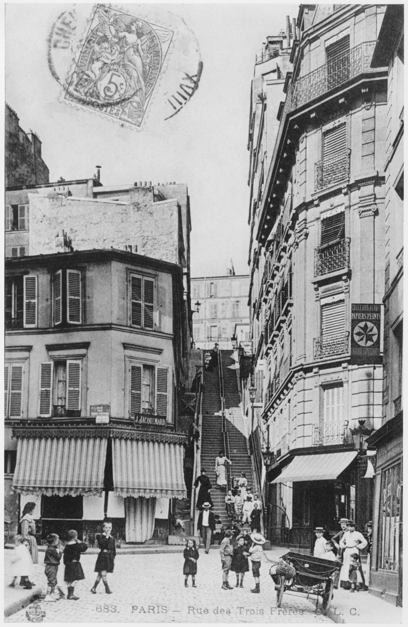 Vykort föreställande Rue des Trois Freres i Paris, ca 1900 av French Photographer