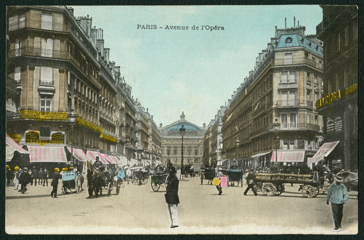 Vykort föreställande Opera Avenue i Paris, ca 1900 (färgad svartvit foto) av French Photographer