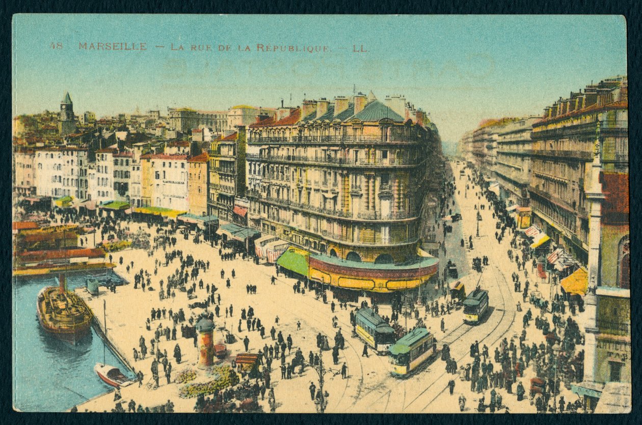 Vykort som föreställer Rue de la Republique i Marseille, Frankrike, ca 1920 (färgat bw-foto) av French Photographer