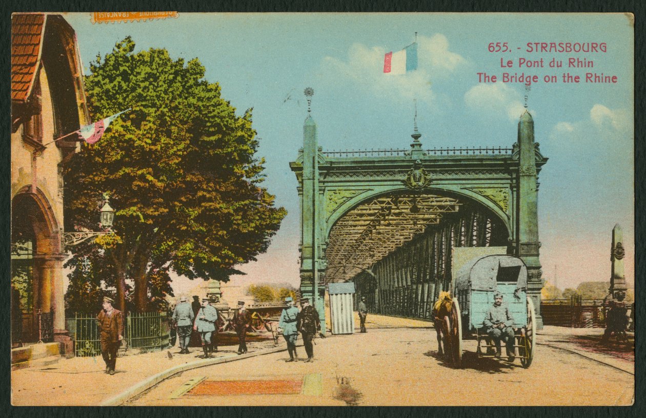 Vykort föreställande bron över Rhen i Strasbourg, ca 1914-18 (färgat bw-foto) av French Photographer