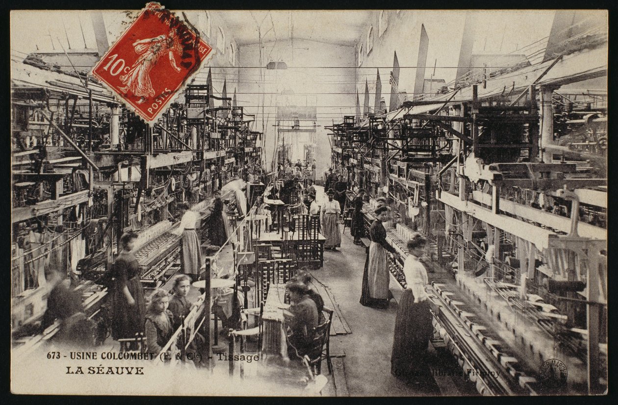 Vykort föreställande vävfabriken Colcombet i La Seauve, Haute-Loire, ca 1900 av French Photographer