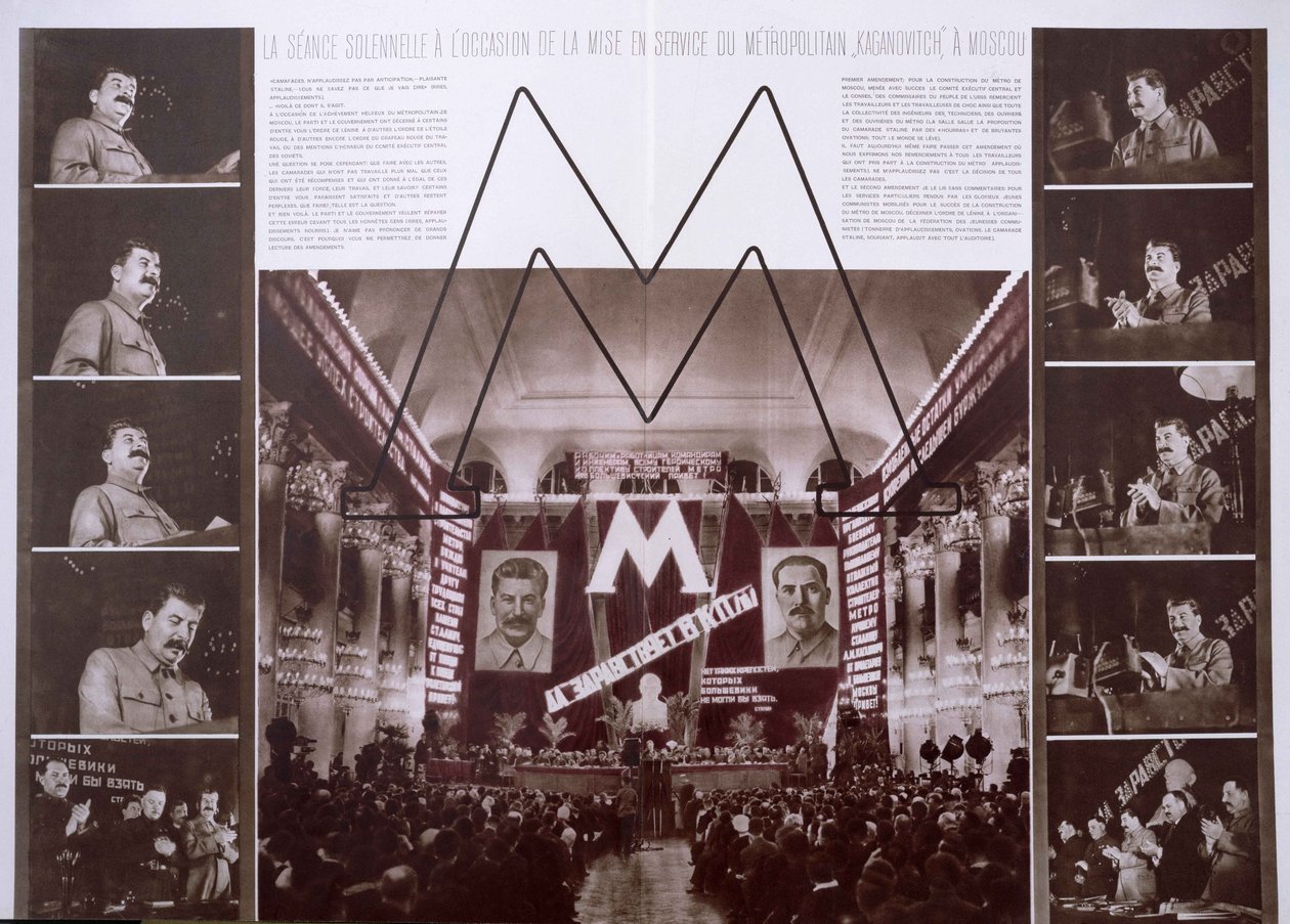 Stalin inviger tunnelbanan Kaganovitch i Moskva, från en artikel i LU.R.S.S. en konstruktion. augusti 1935 av French Photographer