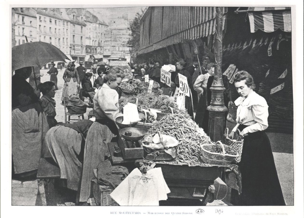 Gadehandleren i rue Mouffetard, Paris, 1896 swed av French Photographer