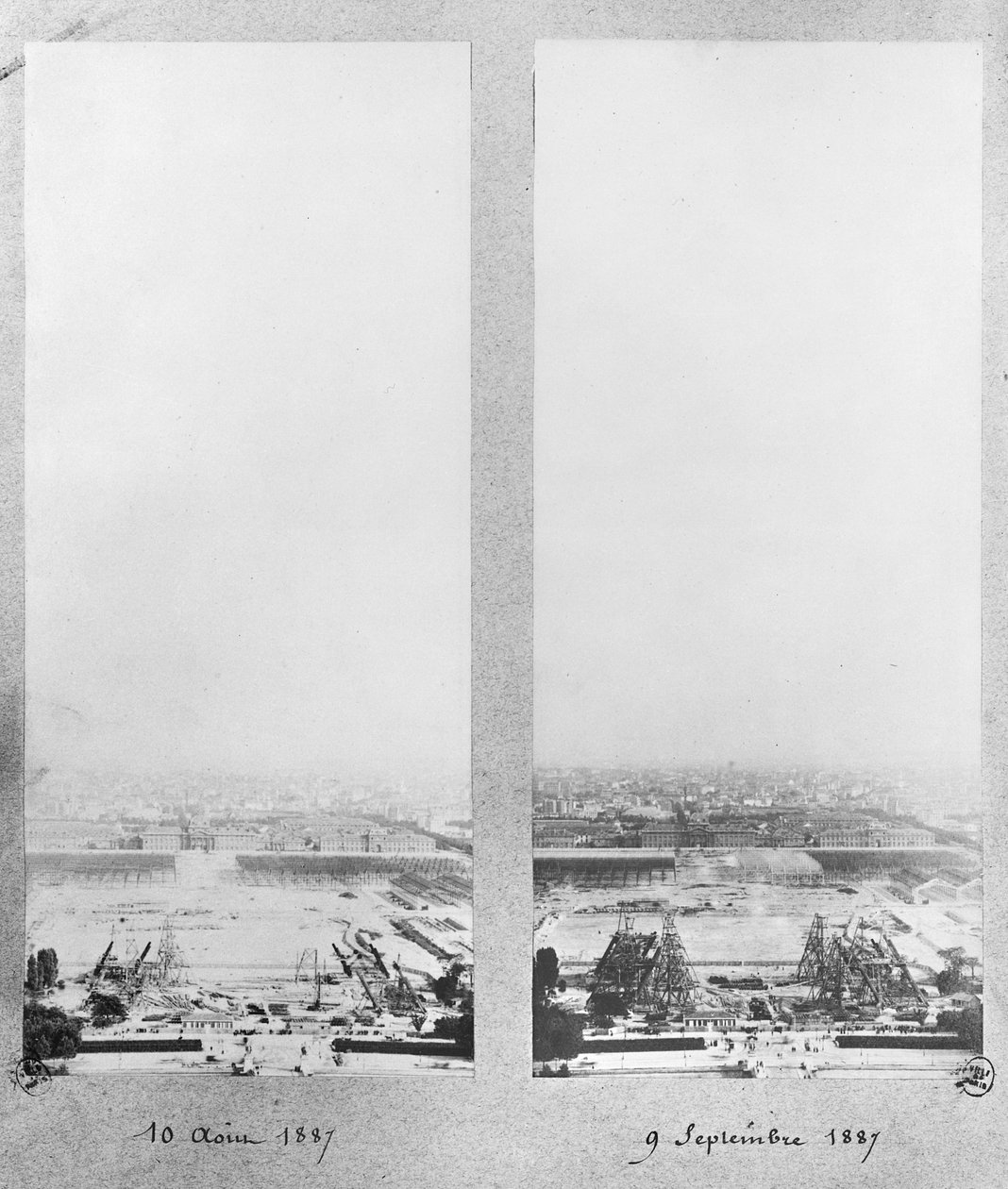 Två vyer av byggandet av Eiffeltornet, Paris, 10 augusti och 9 september 1887 av French Photographer
