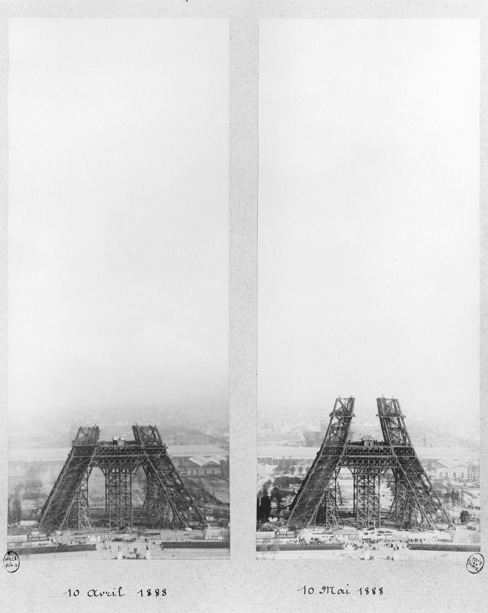 Två vyer av byggandet av Eiffeltornet, Paris, 10 april och 10 maj 1888 av French Photographer