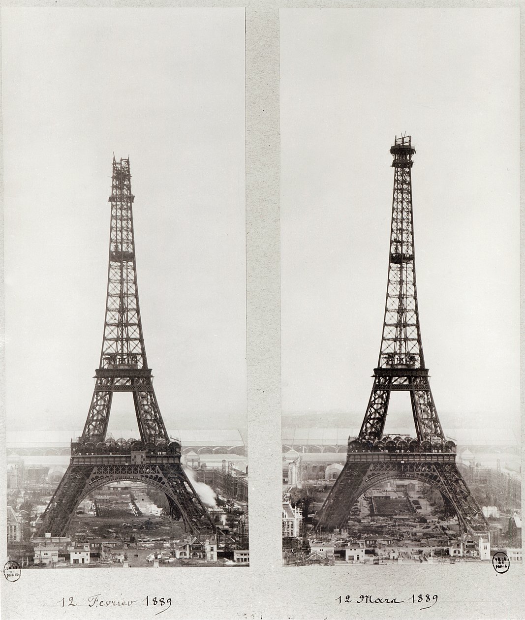 Två vyer av byggandet av Eiffeltornet, Paris, 12 februari och 12 mars 1889 av French Photographer