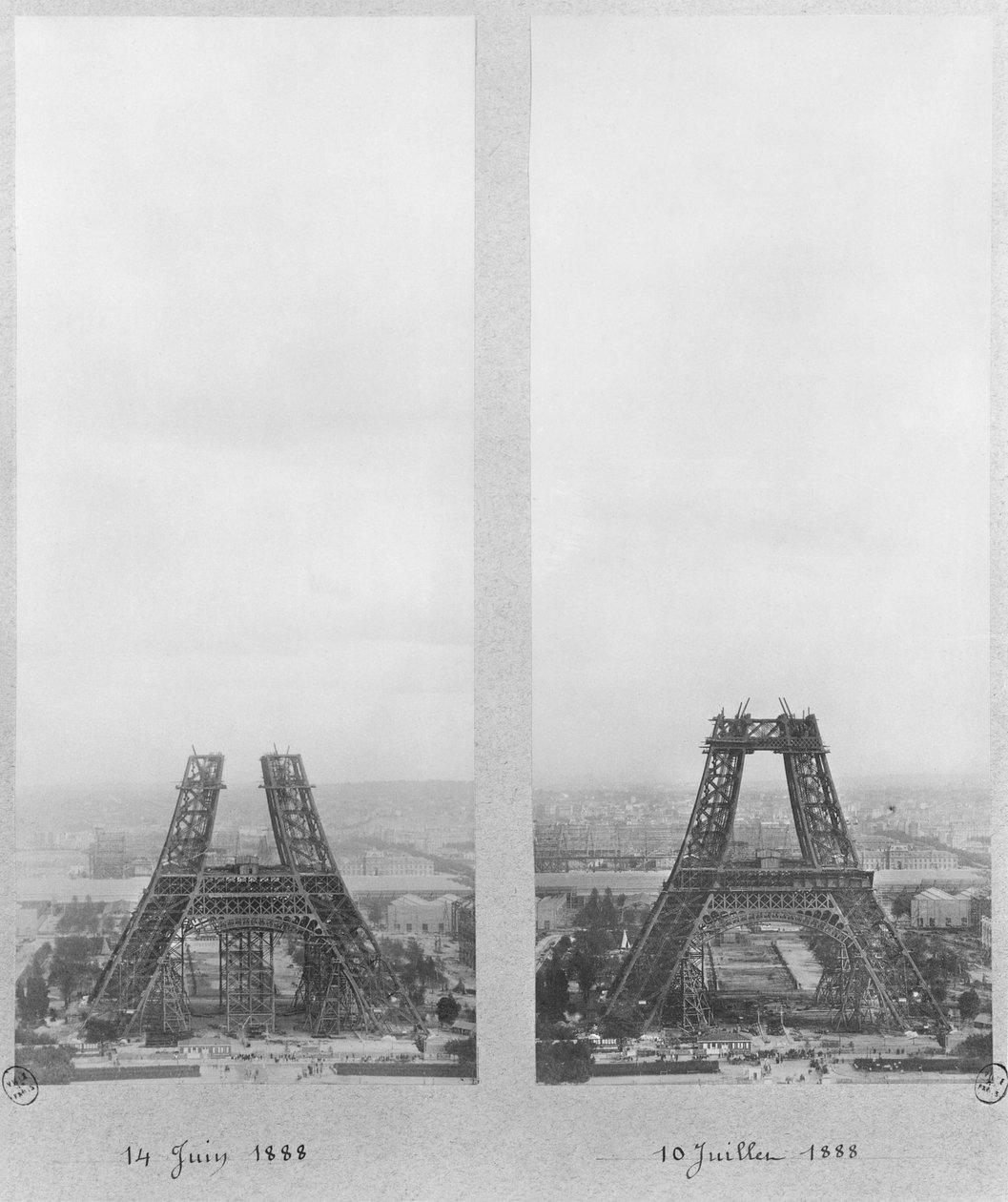 Två vyer av byggandet av Eiffeltornet, Paris, 14 juni och 10 juli 1888 av French Photographer