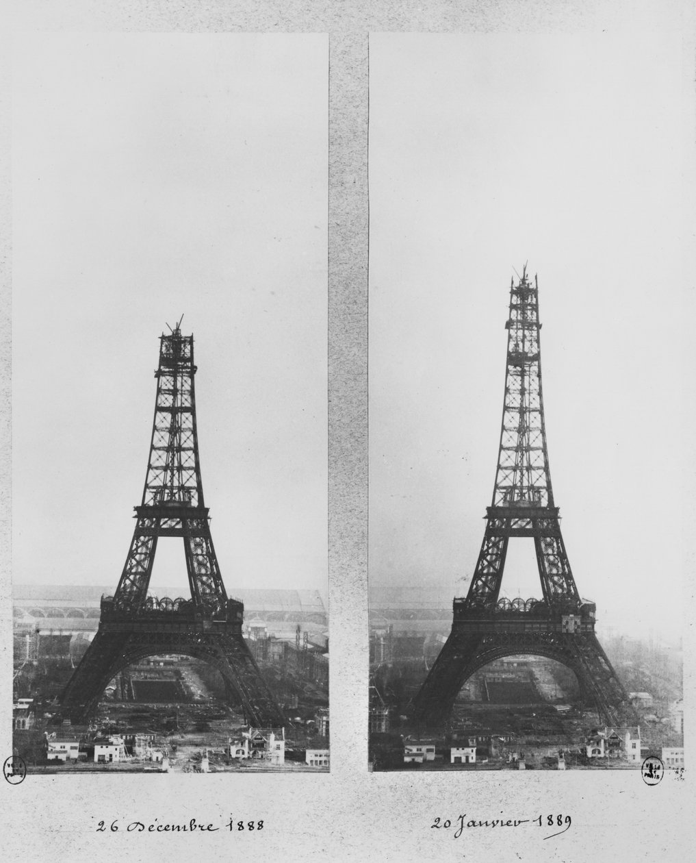 Två vyer av byggandet av Eiffeltornet, Paris, 26 december 1888 och 20 januari 1889 av French Photographer
