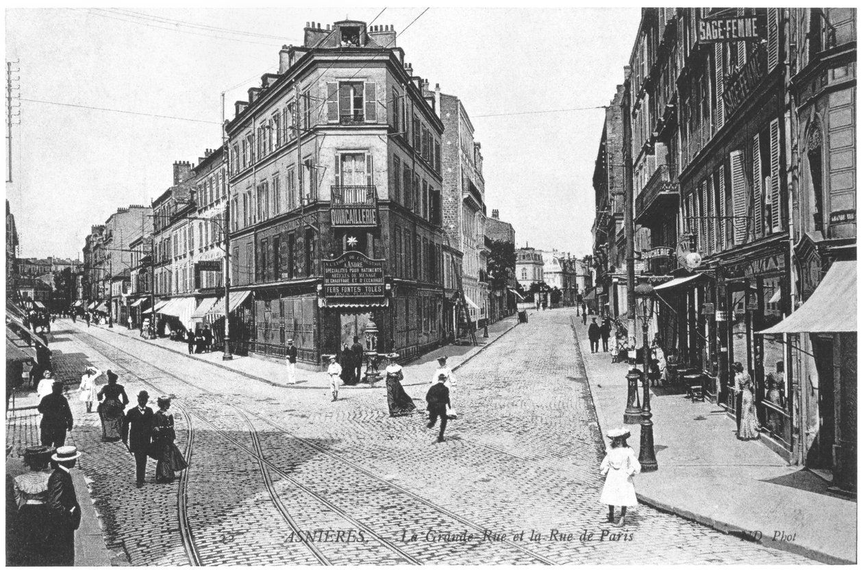 Utsikt över Asnieres, Grande Rue och Rue de Paris, c.1900 av French Photographer