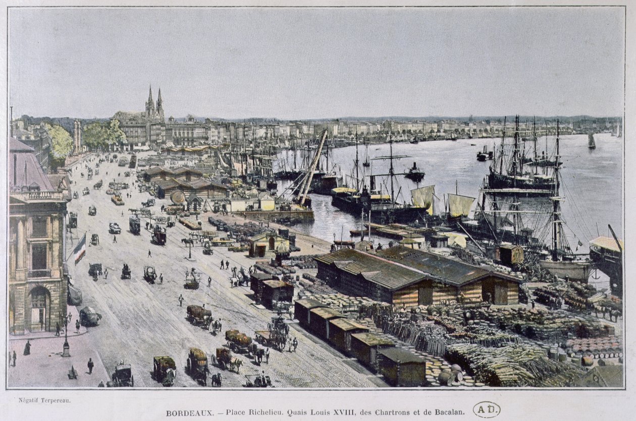 Utsikt över Bordeaux hamn med Place Richelieu och Quais Louis XVIII, des Chartrons und de Bacalan, slutet av artonhundratalet (färgad bild) av French Photographer