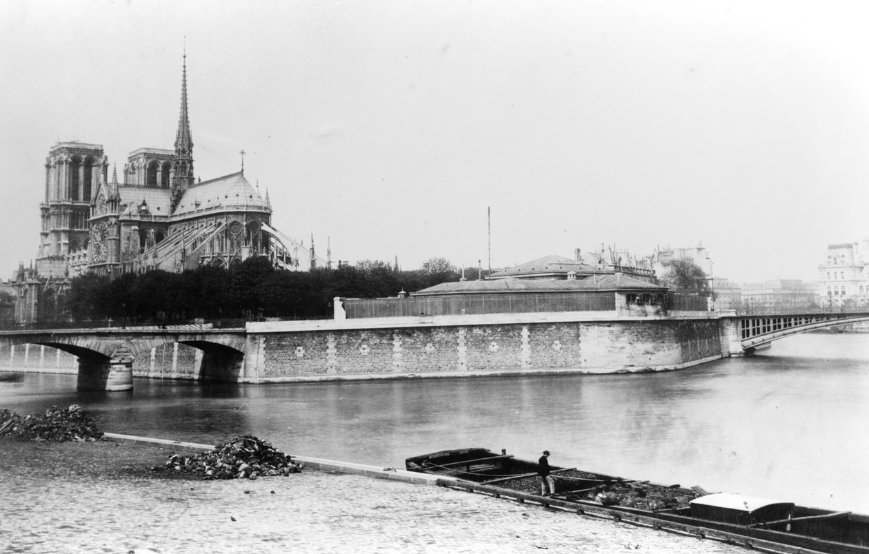 Utsikt över katedralen Notre-Dame i Paris, Quai de la Tournelle och floden Seine, ca 1900 av French Photographer