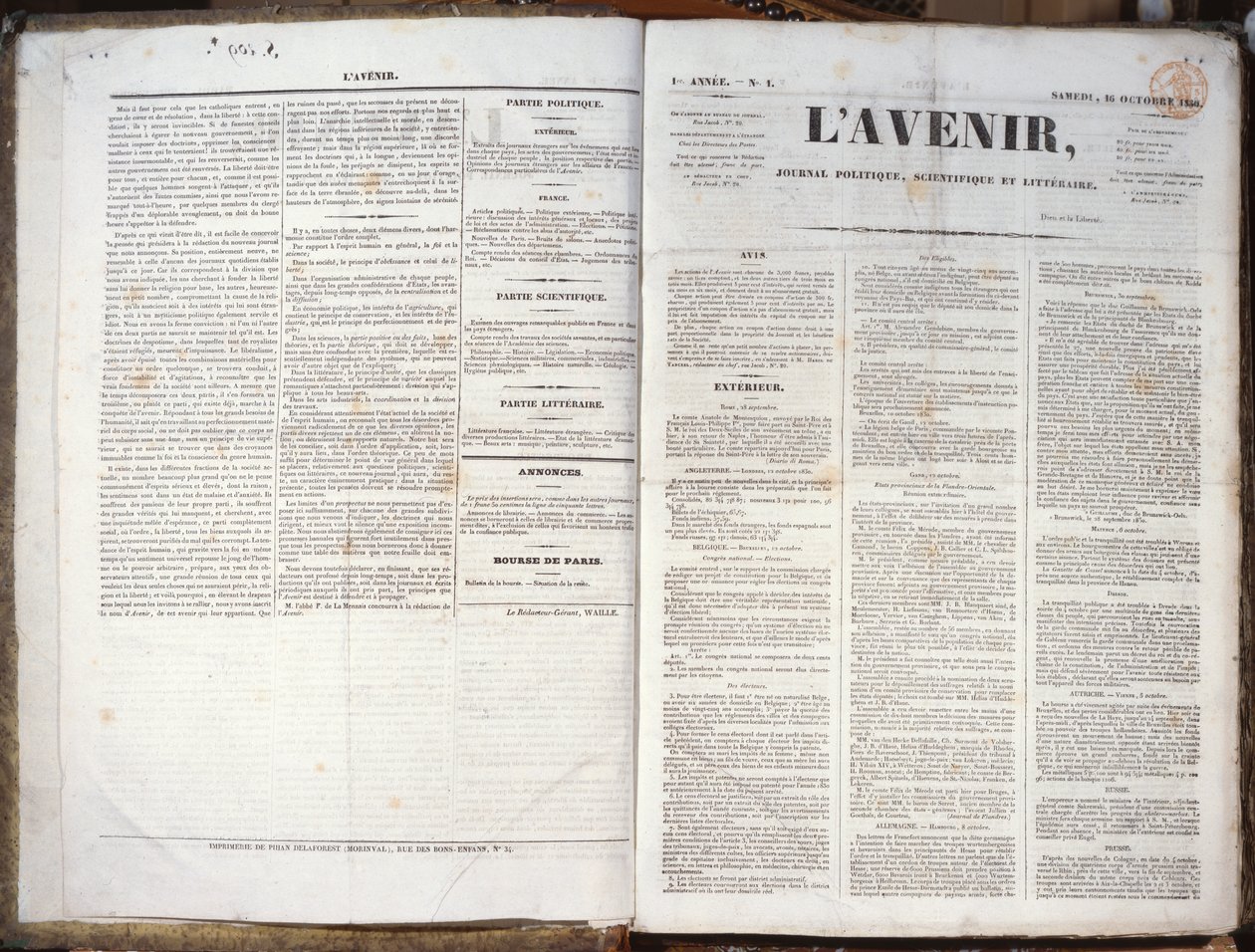 1:a numret av Journal LAvenir, 16 november 1830 (tryckt papper) av French School