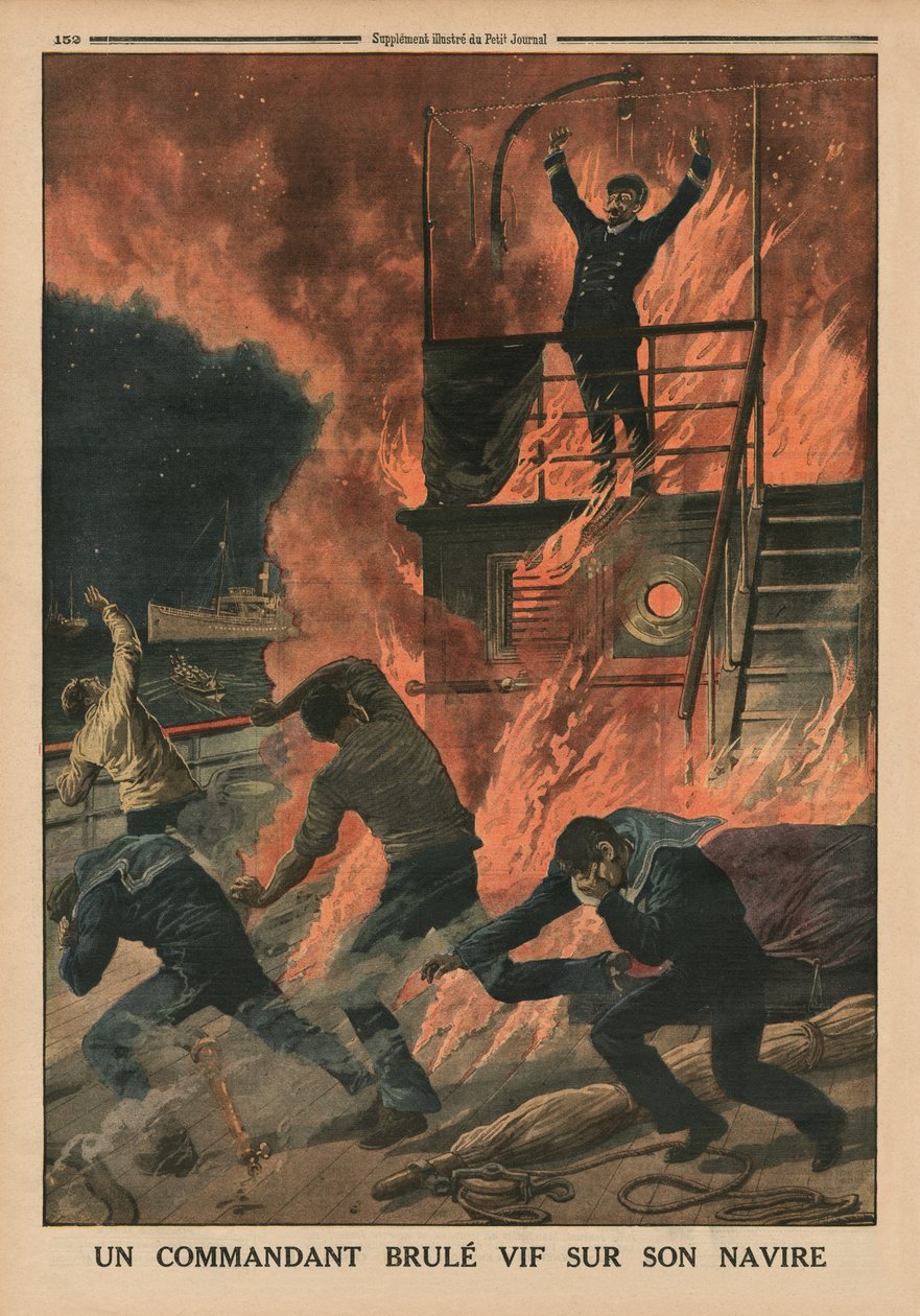 En kapten brändes levande ombord på sitt skepp, illustration på baksidan från "Le Petit Journal", bilaga illustre, 10 maj 1914 av French School