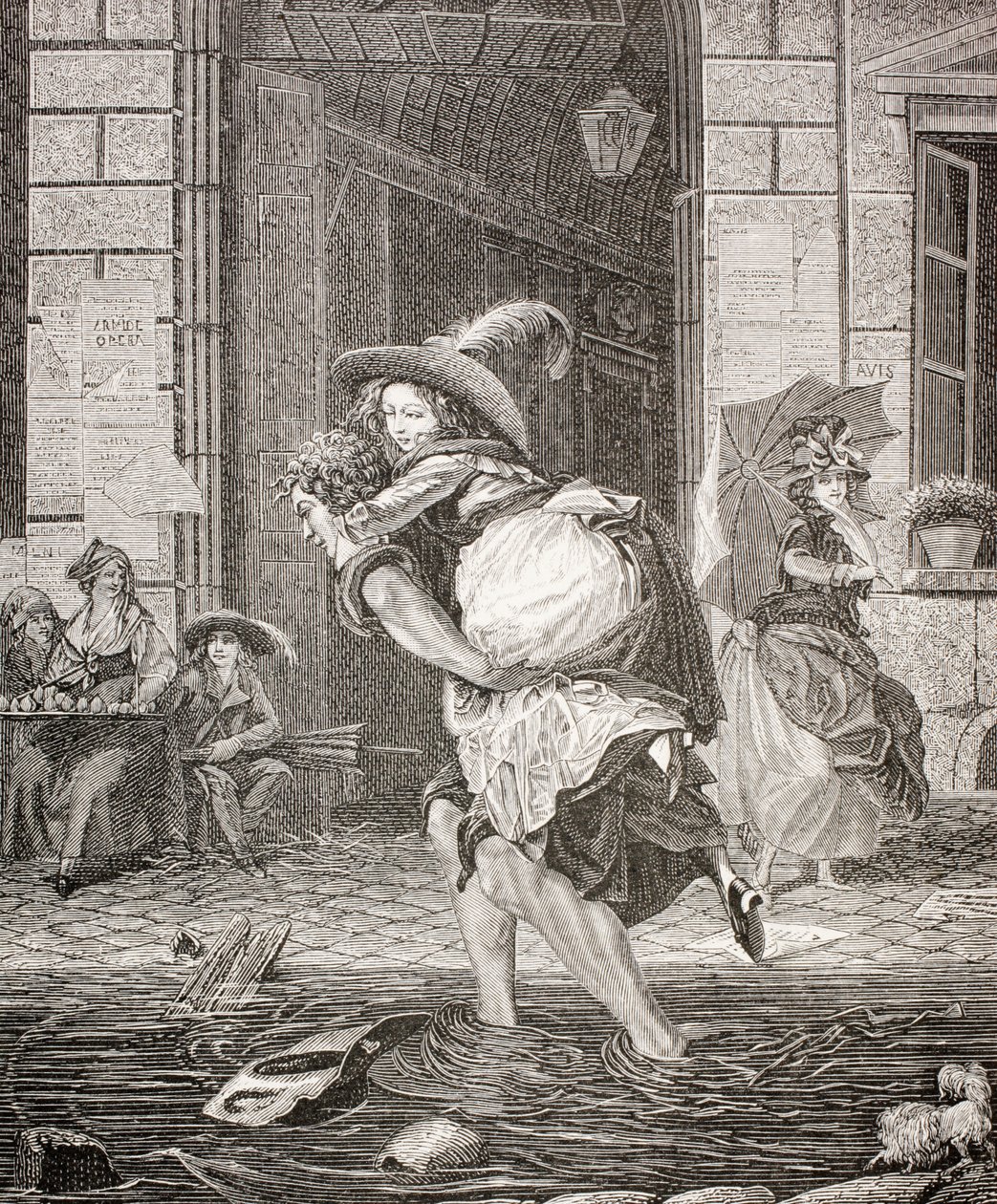 En bärare som färja en kvinna över gatan en regnig dag i 1700-talets Paris, 1875 av French School