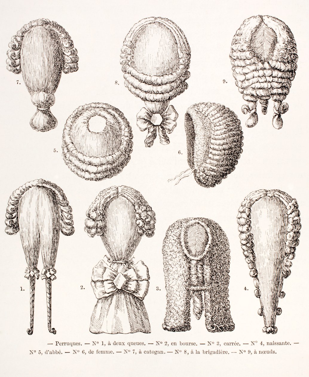En samling av 1700-talsperuker för män och kvinnor, 1875 av French School