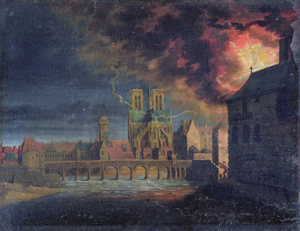 En eld på Ile Saint-Louis, ca 1635 av French School