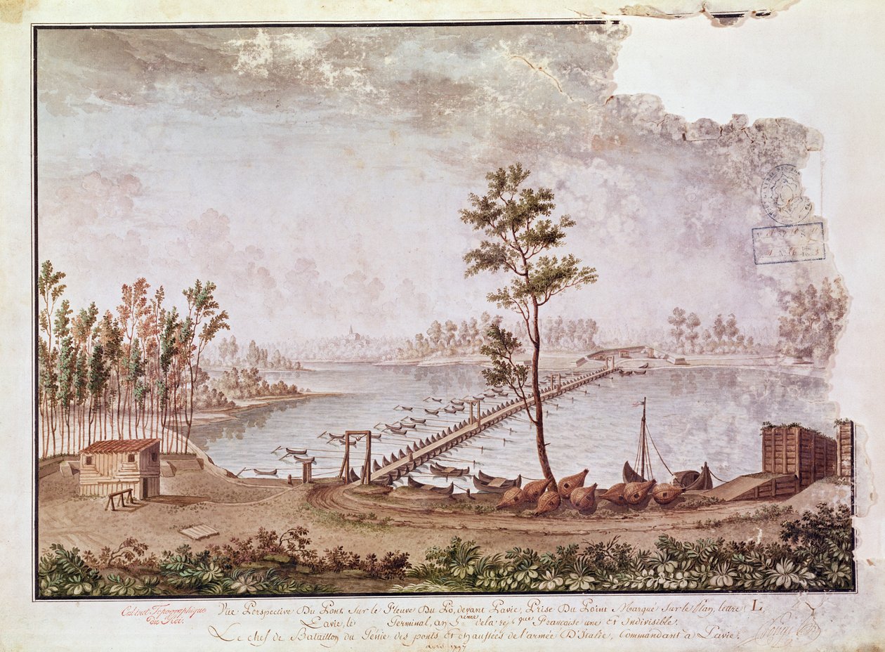 Utsikt över bron över floden Po vid Pavia, 1797 av French School