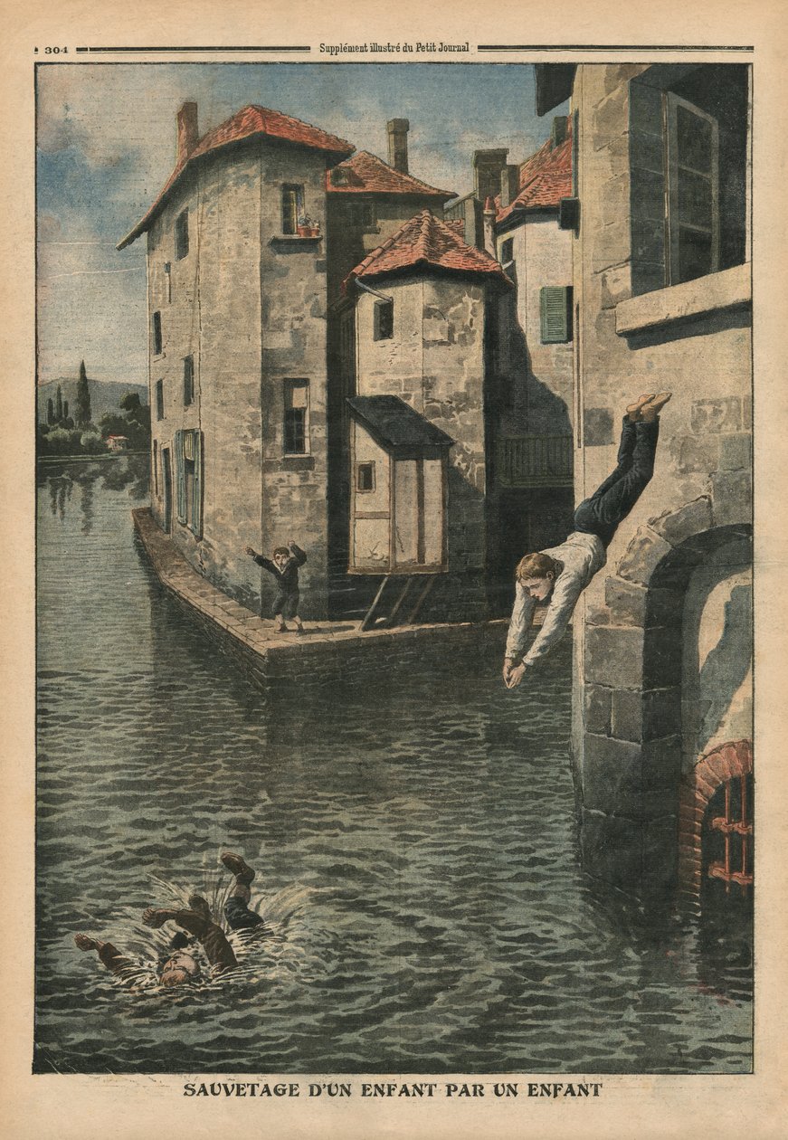 Ett barn som räddar ett annat barn, illustration från 