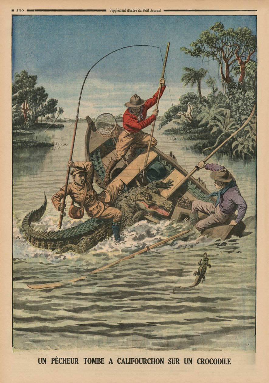 En fiskare på en krokodil, illustration på baksidan från "Le Petit Journal", bilaga illustre, 12 april 1914 av French School