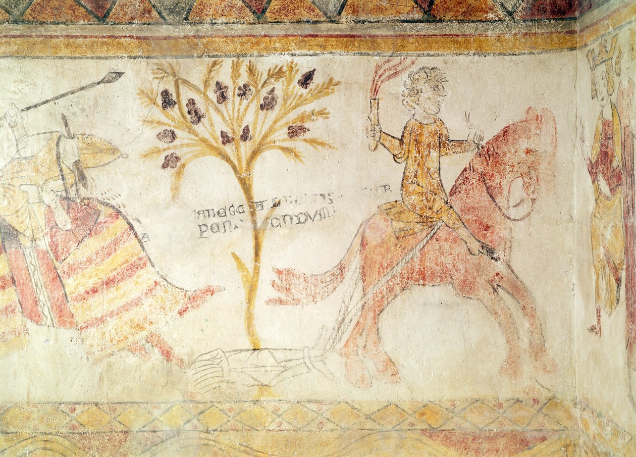 En riddare som bär en flammande fackla och släpar kroppen av kung Manfred (ca 1232-66) av Sicilien, 28 februari 1266 av French School