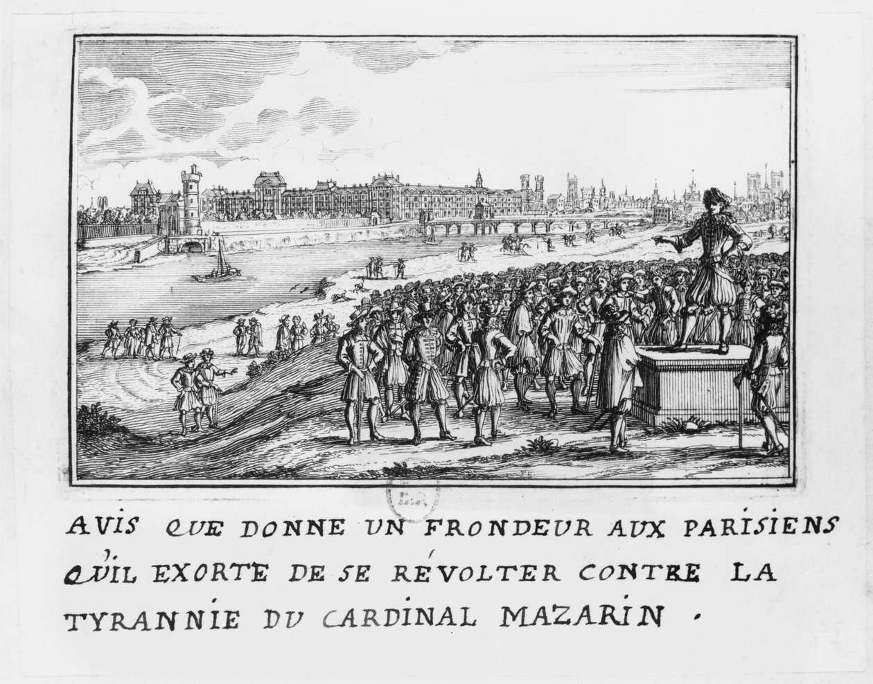 En man från Fronde som uppmanar parisarna att resa sig mot kardinal Mazarins tyranni den 6 januari 1649 av French School