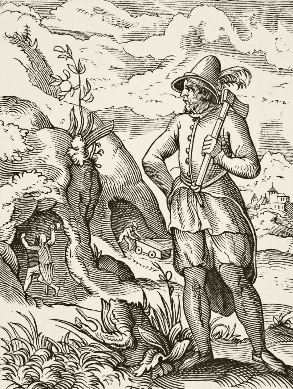 En gruvarbetare på 1500-talet, ur "Science and Literature in the Middle Ages" av Paul Lacroix (1806-84), publicerad i London 1878. av French School