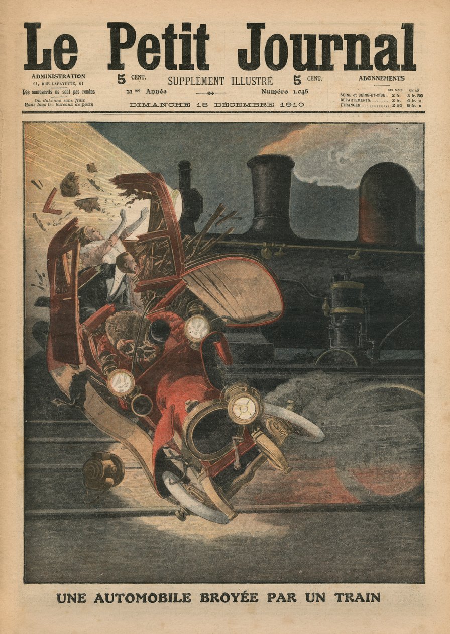 En bil krossad av ett tåg, illustration från "Le Petit Journal", supplement illustre, 18 december 1910. av French School