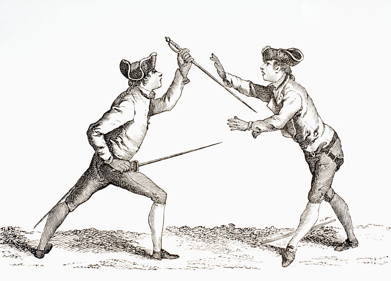 En fäktare avväpnar sin motståndare och är i en position för att stöta, från "XVIII Siecle Institutions, Usages et Costumes", publicerad 1875. av French School