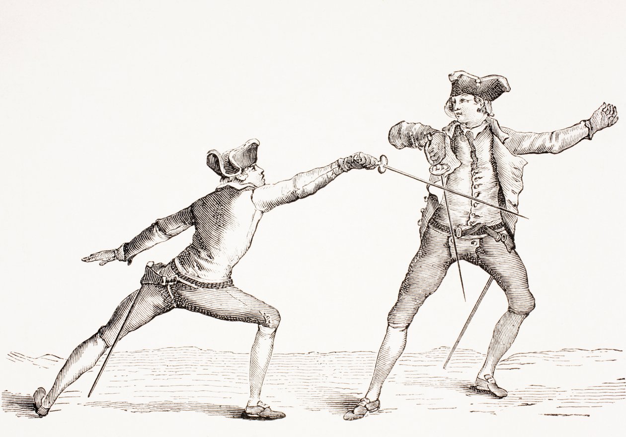 En fäktare parerar en stöt från sin motståndare, från "XVIII Siecle Institutions, Usages et Costumes", publicerad 1875. av French School