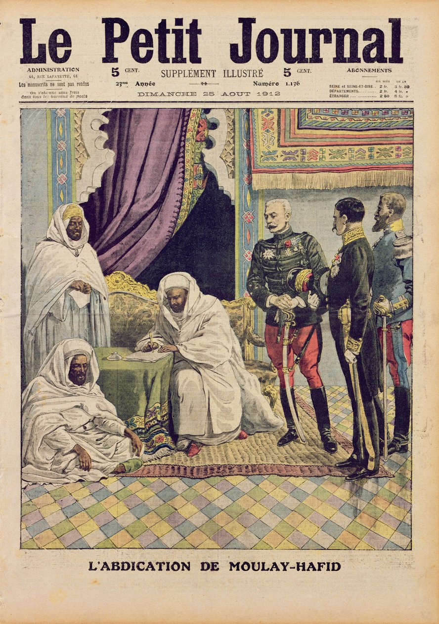 Moulay-Hafids, Marockos sultan, abdikation, omslagsillustration till "Le Petit Journal", 25 augusti 1912. av French School
