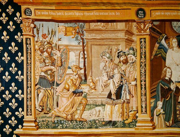 Abraham tar emot bröd och vin från Melkisedek, detalj från en gobeläng tillägnad nattvarden, 1510 av French School