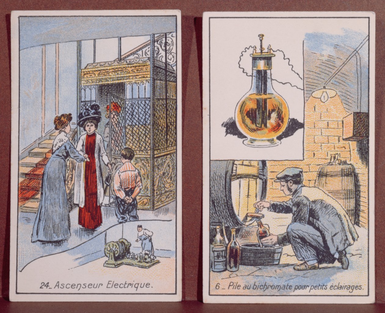 En elektrisk hiss och elektrisk belysning, från serien Les Merveilles de lElectricite, c.1910-14 av French School