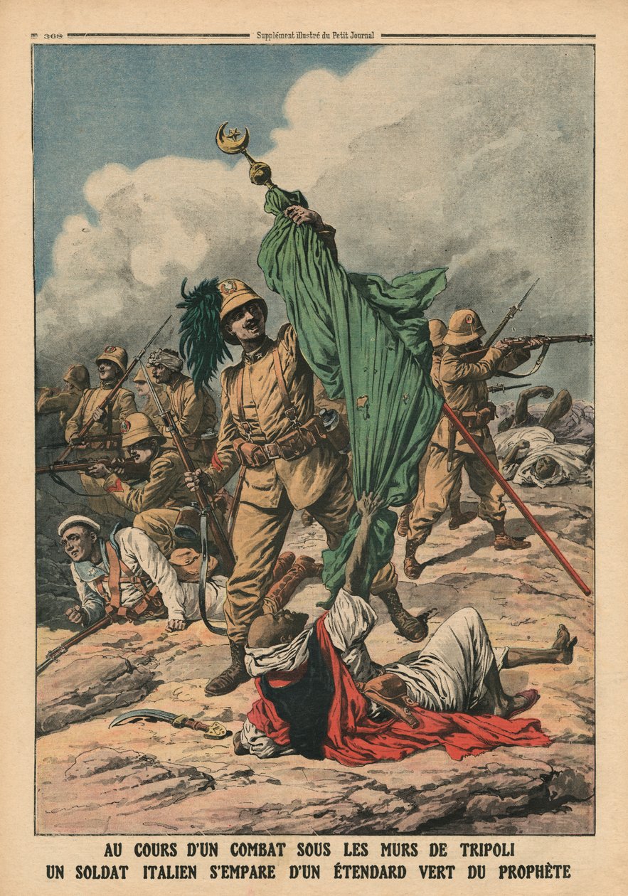 En italiensk soldat som beslagtar profeten Muhammeds gröna standard, illustration från "Le Petit Journal", bilaga illustre, 12 november 1911 av French School