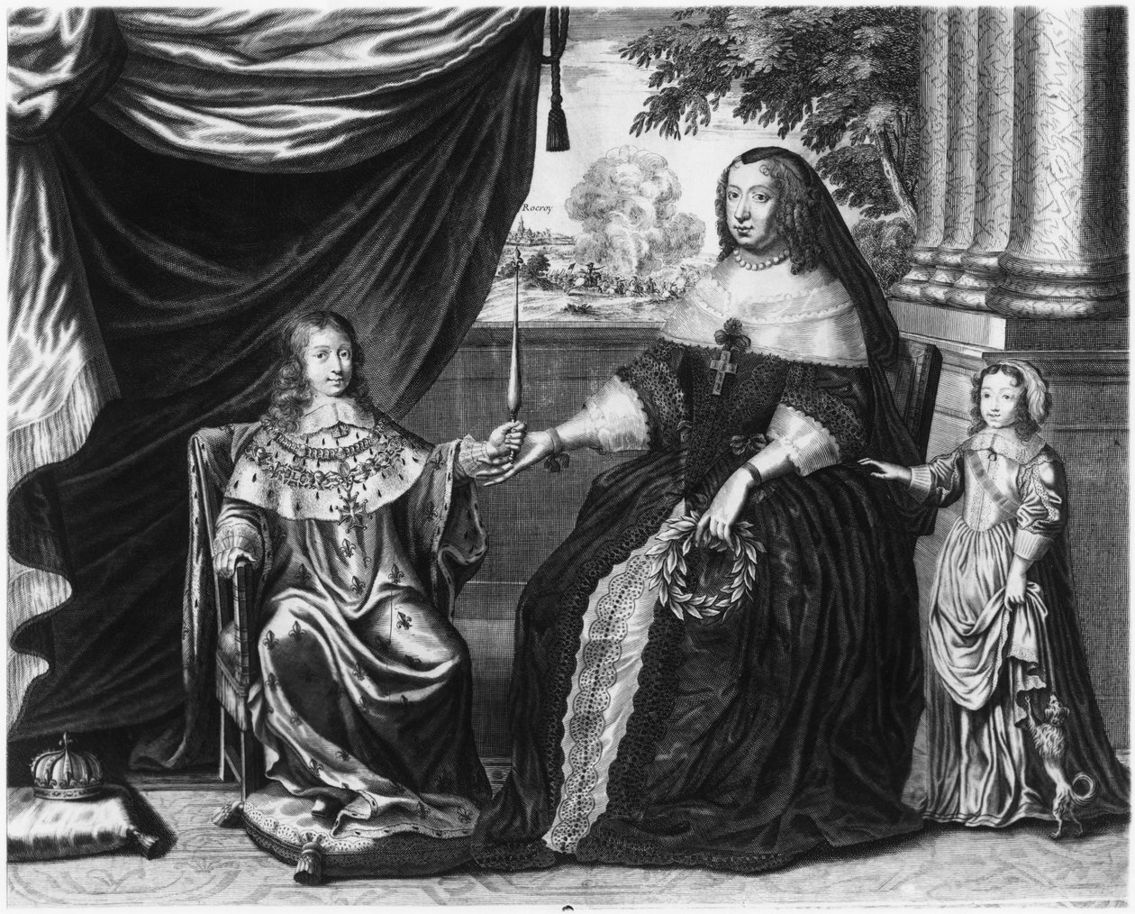 Anne av Österrike, drottning av Frankrike och Navarra, och hennes söner, Dauphin Louis av Frankrike, framtida Ludvig XIV, och Philippe I, hertig av Orleans, 1643 av French School