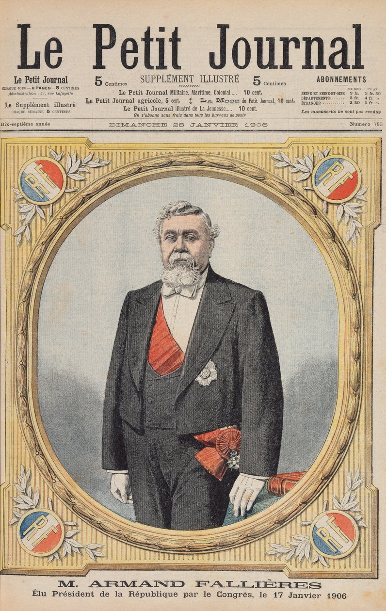 Armand Fallieres (1841-1931) vald till republikens president (1906-13) av kongressen den 17 januari 1906, illustration från Le Petit Journal, 28 januari 1906 av French School