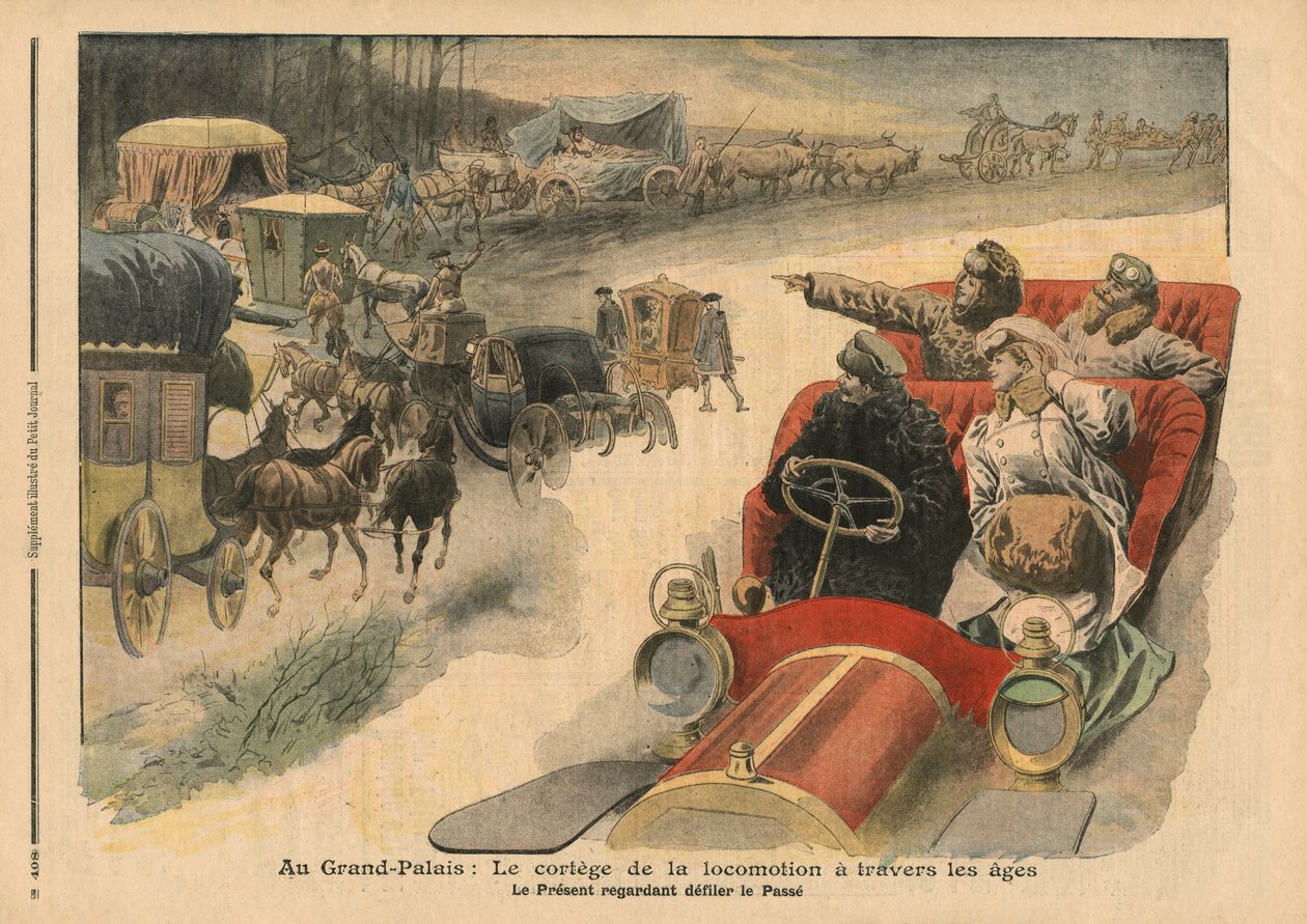I Grand Palais, historien om lokomotion genom tiderna, illustration från "Le Petit Journal", supplement illustre, 22 december 1907. av French School