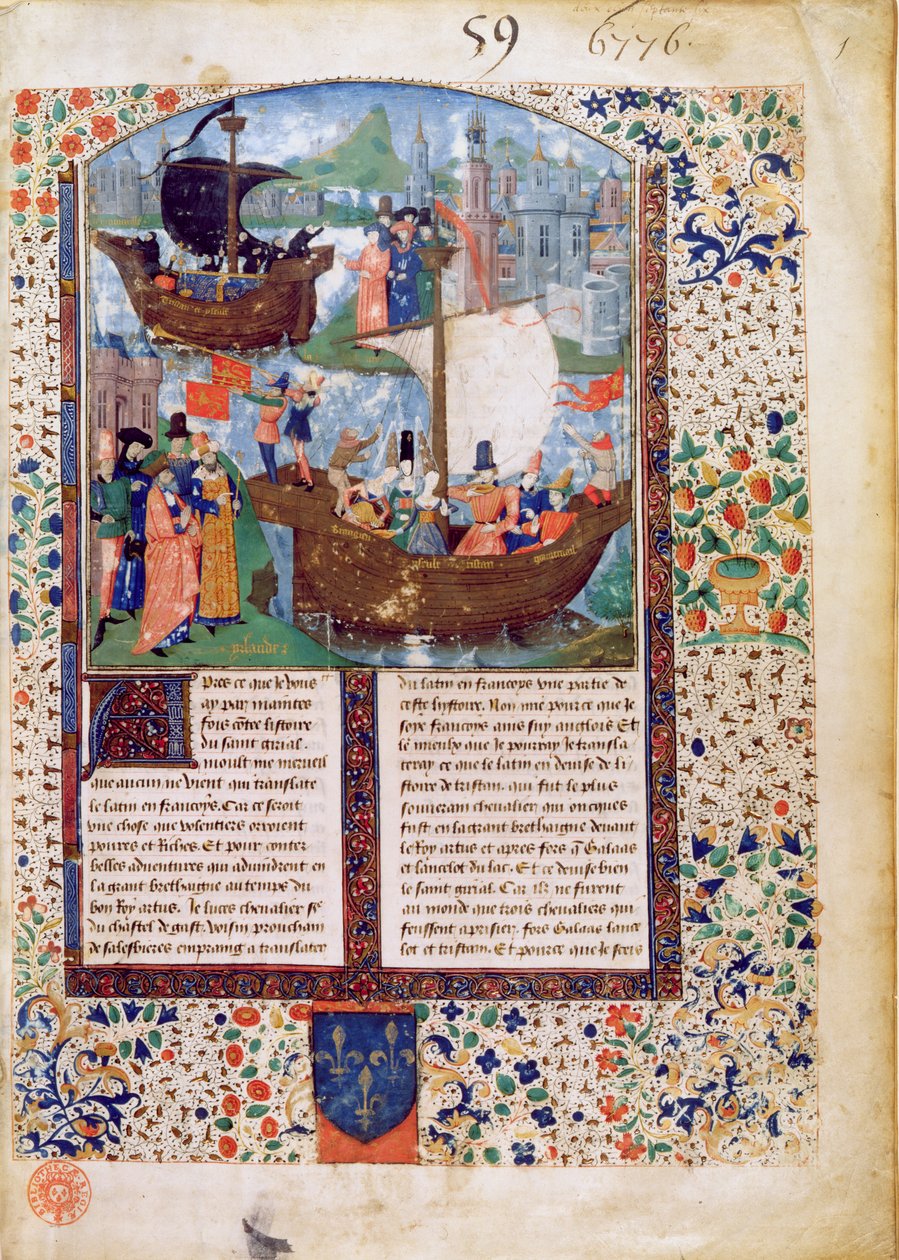 B.N.Ms. Fr 103 f.1 Tristan och Iseult lämnar Irland; Tristan dricker drycken; Tristan och Iseults kroppar förs hem till Irland, översatt av Luce de Gast av French School