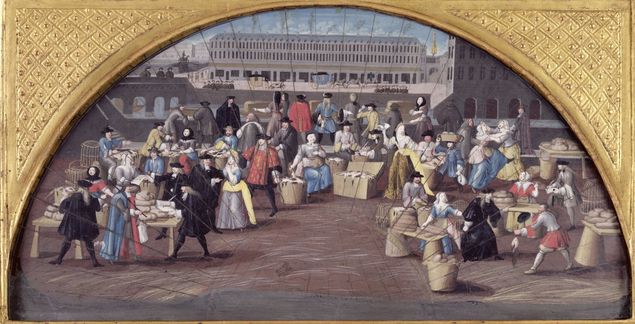 Bröd- och fjäderfämarknad vid Quai des Grands Augustins, design för en fläkt, ca 1670 av French School