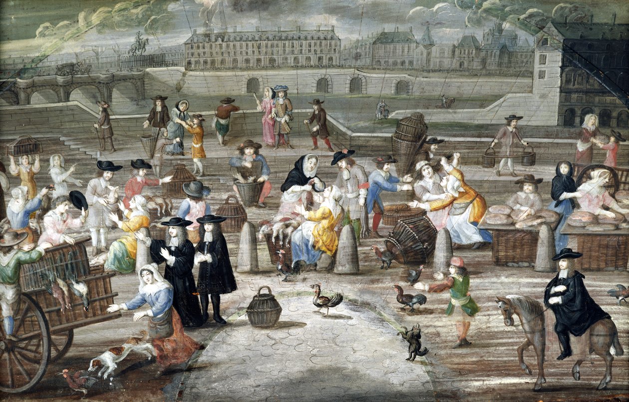 Bröd- och fjäderfämarknad på Quai des Grands Augustins, målad för en fläkt (penna och bläck och wc på papper) av French School