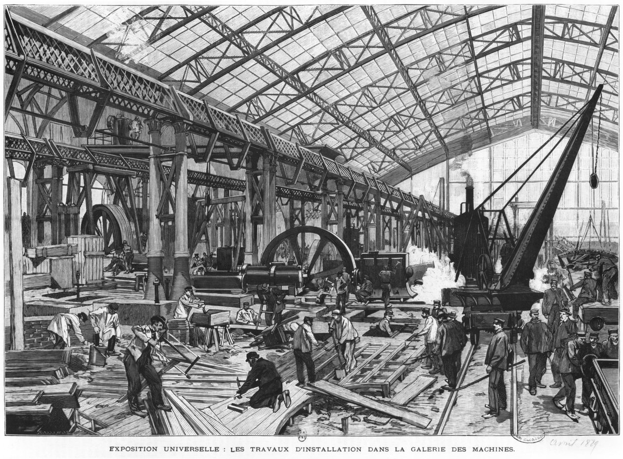 Byggplats för Galerie des Machines vid världsutställningen 1889, Paris, april 1889 av French School